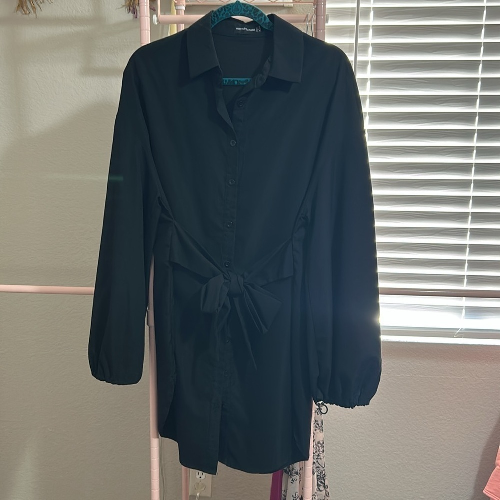 PRETTYLITTLETHING Black button up oversized shirt bow Dress